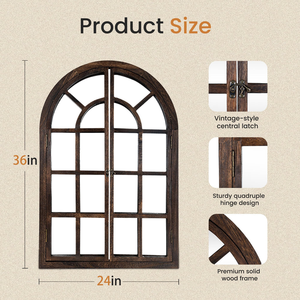 Arched Wall Mirror with Wood Window Pane Frame, 24 x 36 Inch, Brown