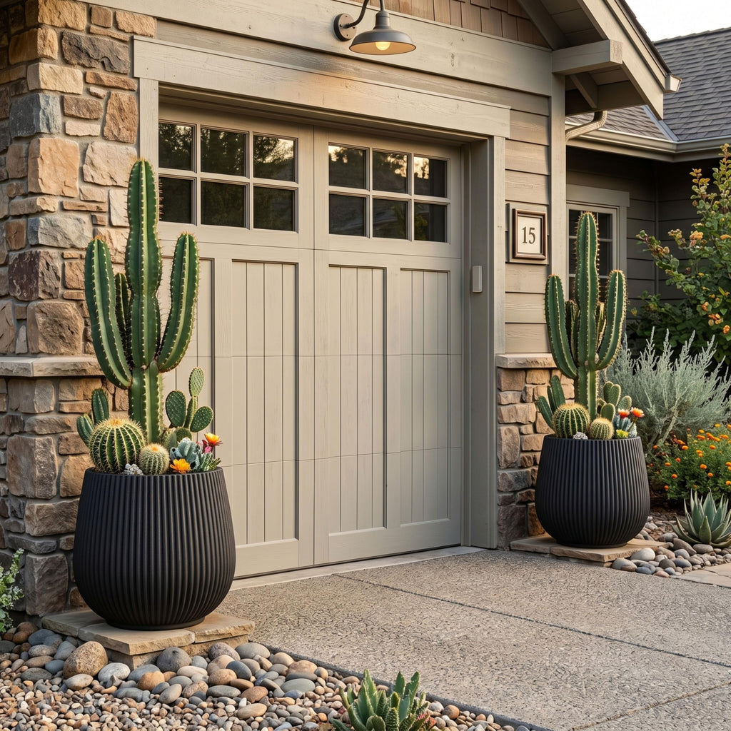 16" Pear-Shaped Fluted Outdoor Planter, Black, Modern Round Plant Pot