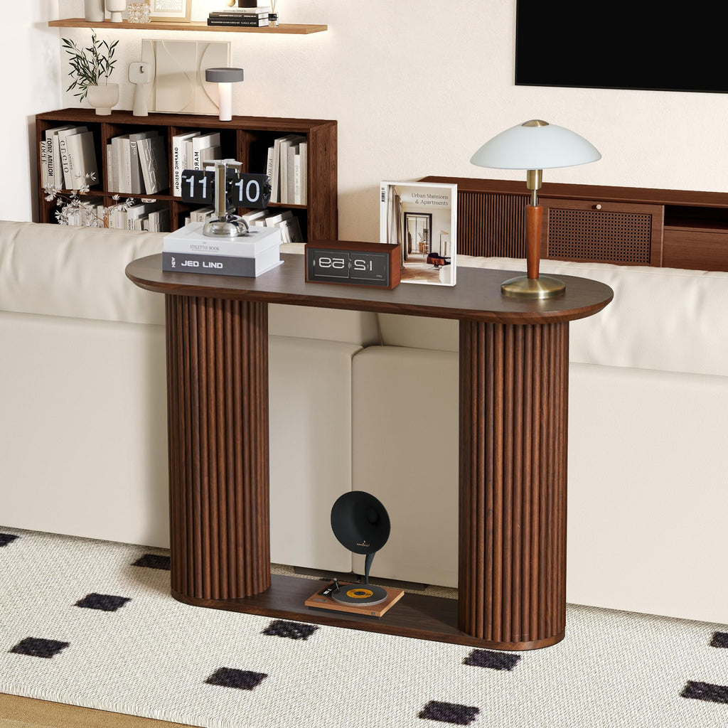 Fluted Console Table, Farmhouse Oval Curved Entryway Table with Storage and Fluted Wood Legs, Narrow Small Long Entry