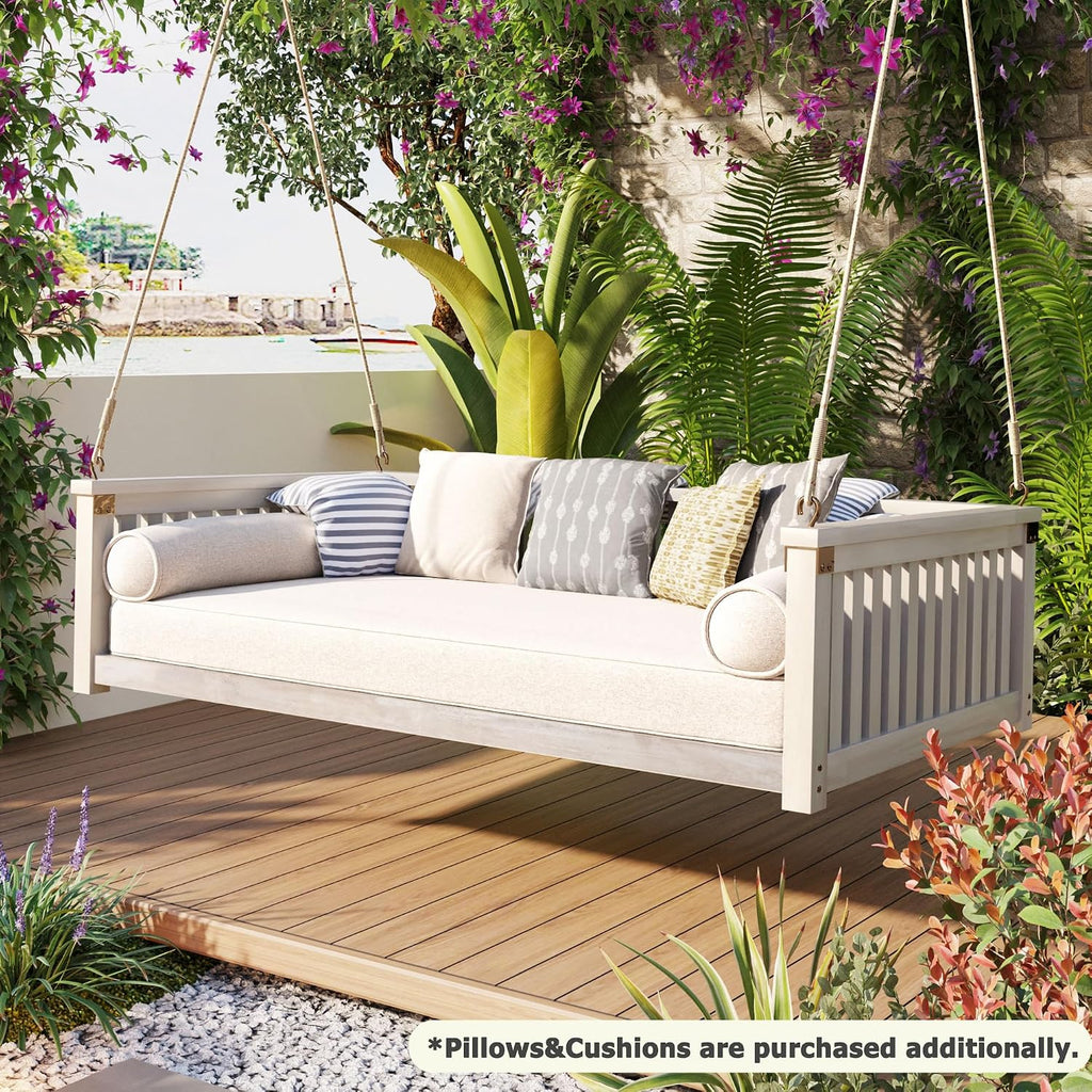 Twin Size Acacia Wood Porch Swing Bed with 4 Heavy Duty Ropes,Hanging Daybed Swing Bench for 2 People, 350 LBS