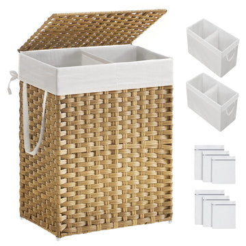 Laundry Hamper with Lid, 90L Double Wicker Basket, 6 Mesh Bags