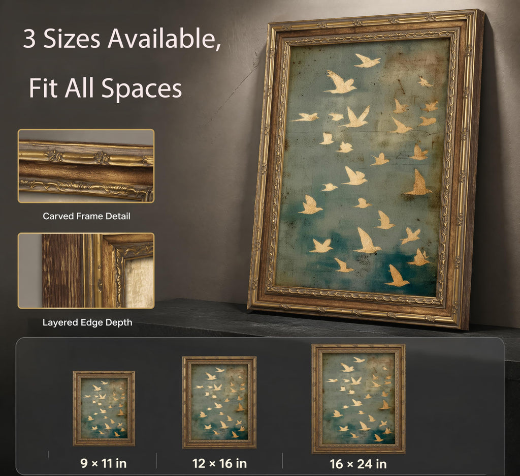 Vintage Gold Framed Wall Art, Golded Inspired Abstract Birds Canvas Prints, Flock of Flying Birds Picture Wall Decor