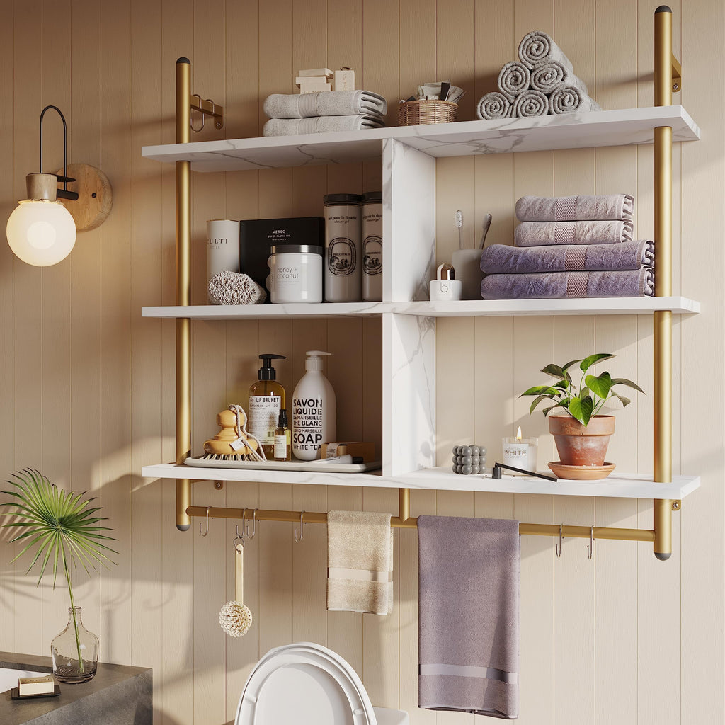 Kitchen Shelves Wall Mounted Floating Pipe Shelving 3 Tier 41.5" Coffee Bar Shelf with Holder Wall Display Storage