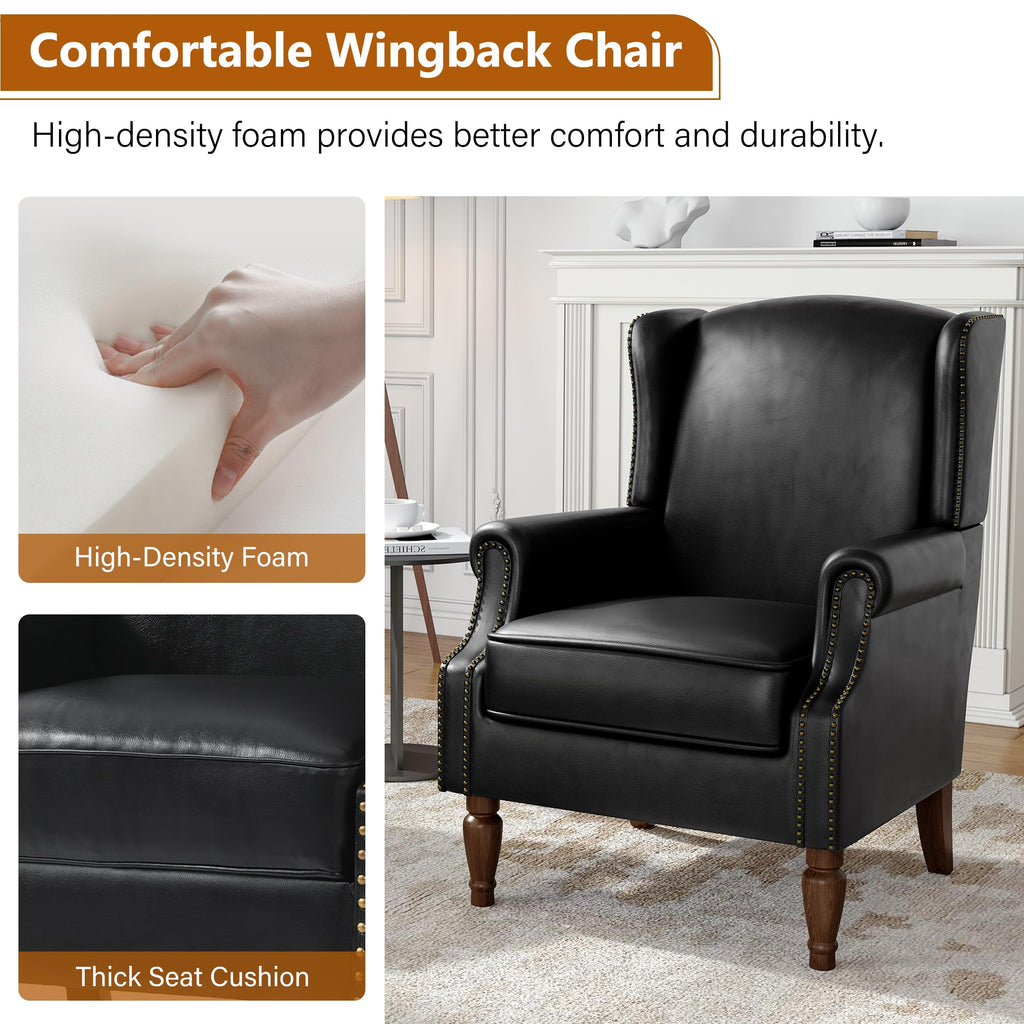 Faux Leather Wingback Accent Chairs Set of 2, High Back Armchair, Black