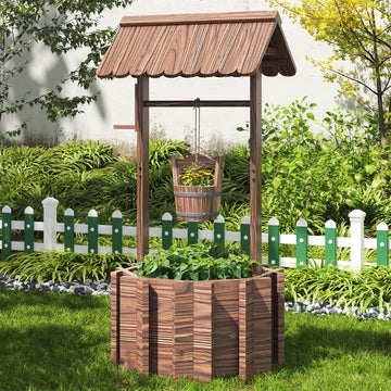 Wishing Well Planter for Yard, Outdoor Large Wooden Wishing Well with Hanging Bucket for Flower and Plants Wishing