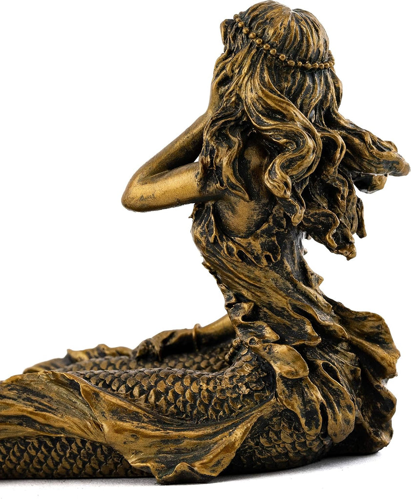 Beach Mermaid Incense Holder Statue - Hand Painted Beautiful Mythical Creature with Bronze Antique Finish Look