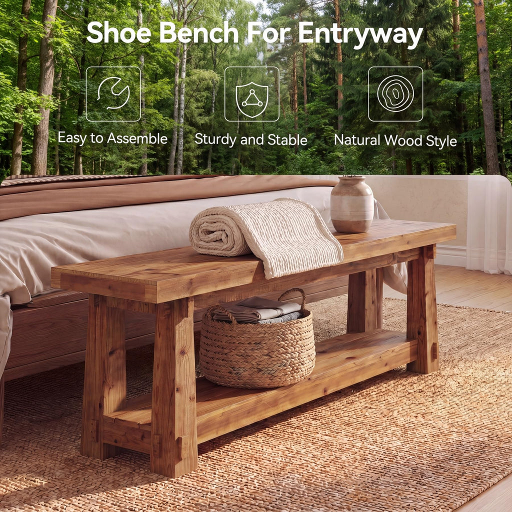 55'' Solid Wood Entryway Bench with Shoe Storage, Rustic Brown