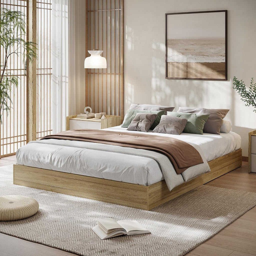 Wooden Platform Bed Frame, Floor-Standing Bed Frame with Wood Slats Support, No Box Spring Needed, Low