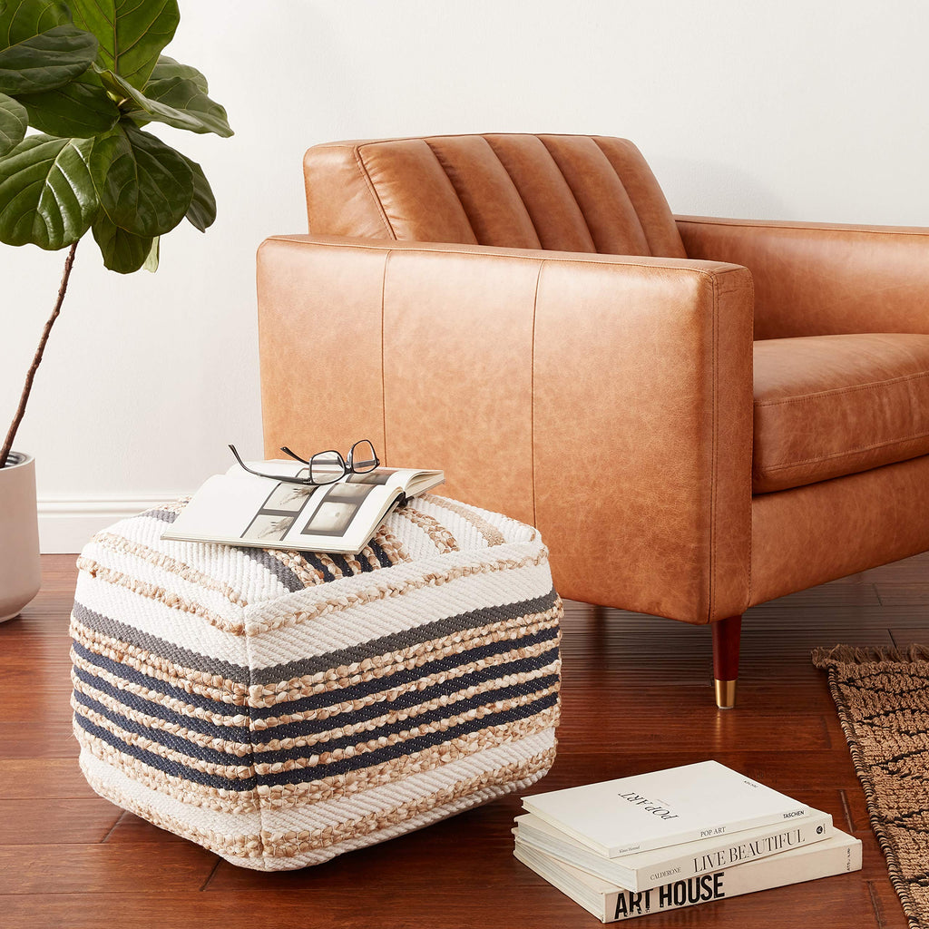 LR Home Natural/Navy Blue/White Square Ottoman Pouf Decor | Striped Hand-Woven Jute Cotton Blend Square Pouf Ottoman