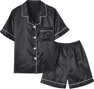 Unisex Kids Satin Pajama Sets Classic Button Down 2pcs Sleepwear