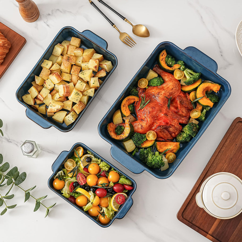 Casserole Dishes for Oven, Blue Ceramic Baking Dish Set of 3