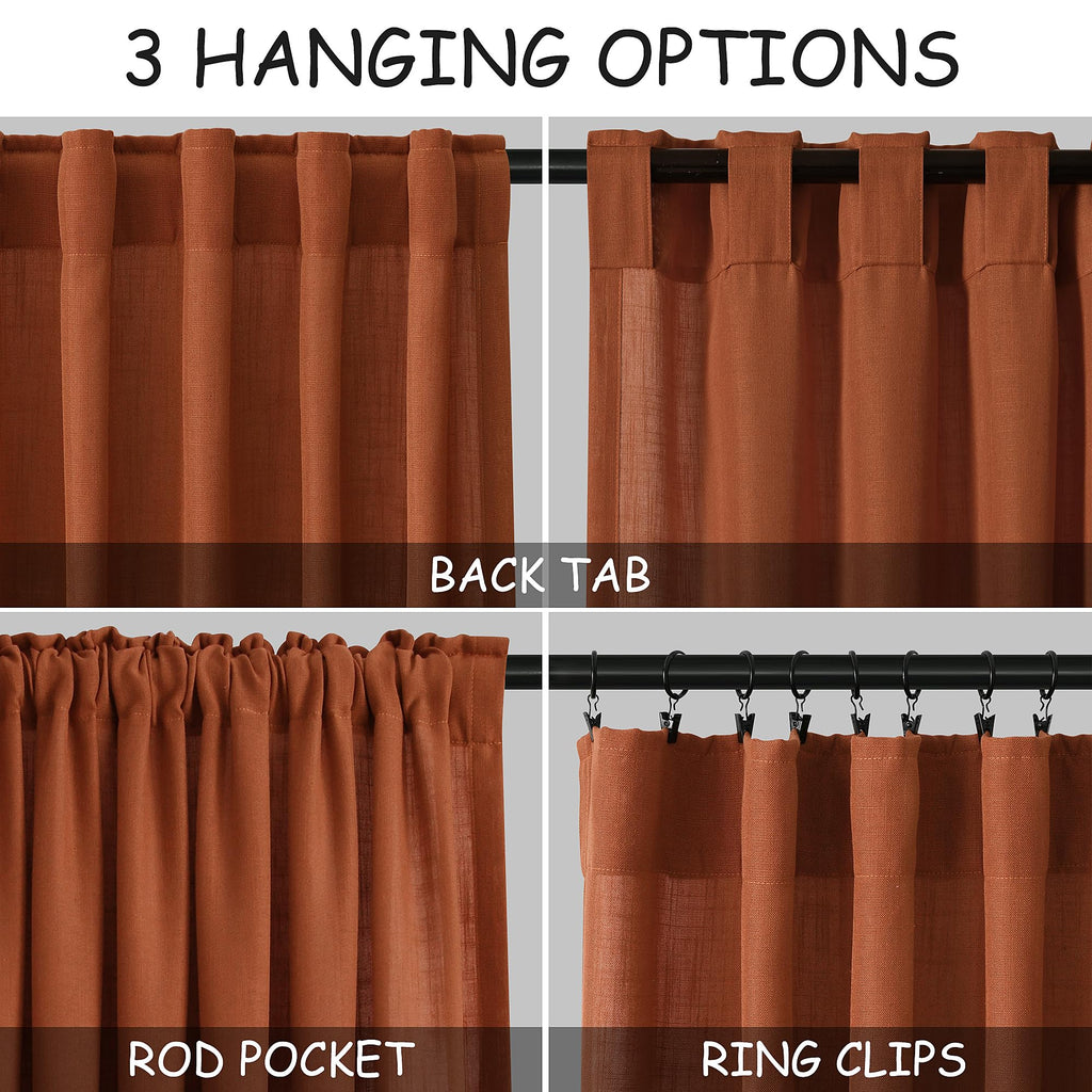 2 Panels Terracotta Linen Curtains 108 inches Long Extra Long Back Tab Semi Sheer Rustic Farmhouse Boho Curtains