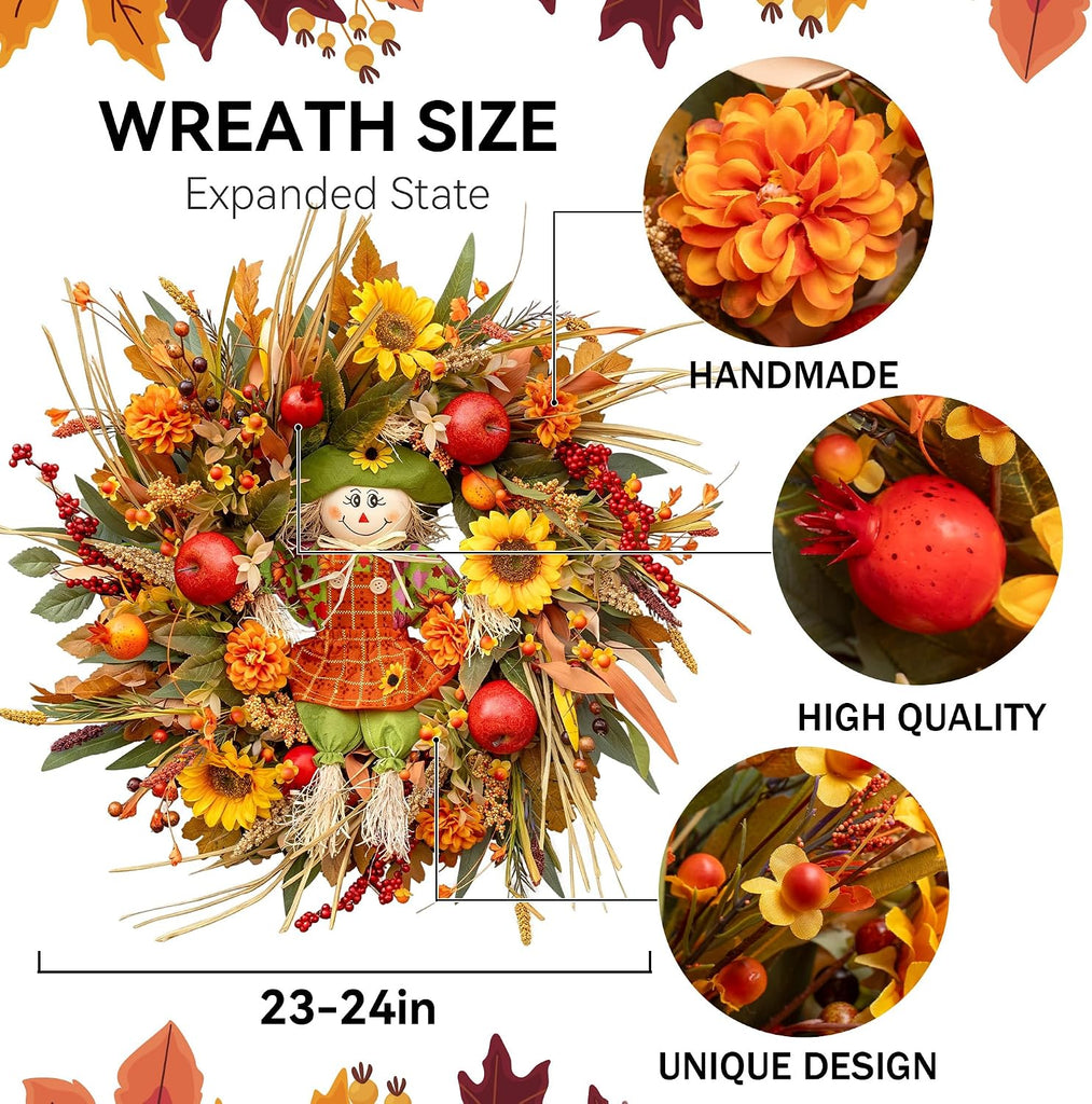 Fall Wreath for Front Door, 24 Inch Autumn Wreath for Front Door