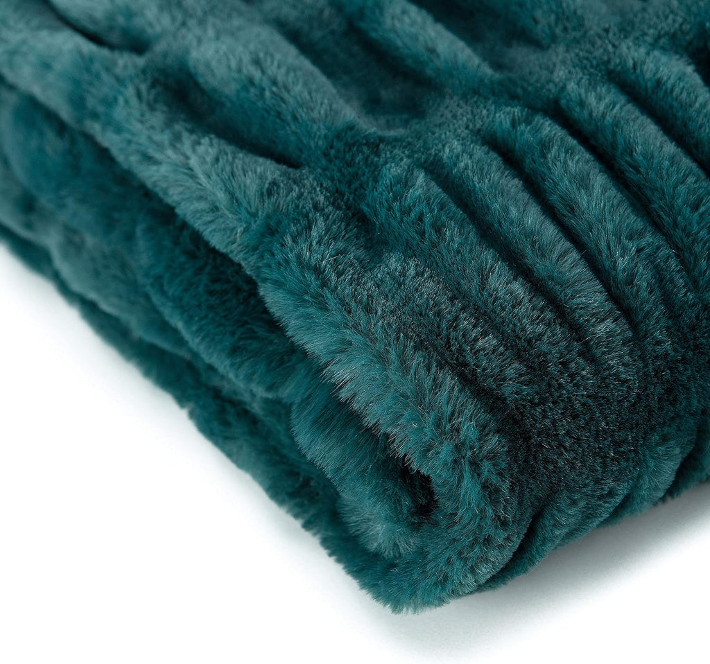 Premium Ruched Faux Fur Throw Blanket - Luxurious, Soft Reversible Mink Blanket - 50" x 65" - Teal