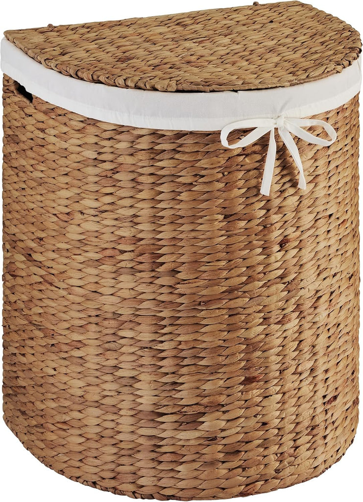 Half Moon Laundry Hamper w/Lid, Woven Half Round Laundry Basket, w/Removable Liner & Bult-in Handles & Laundry Room