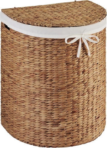 Half Moon Laundry Hamper w/Lid, Woven Half Round Laundry Basket, w/Removable Liner & Bult-in Handles & Laundry Room