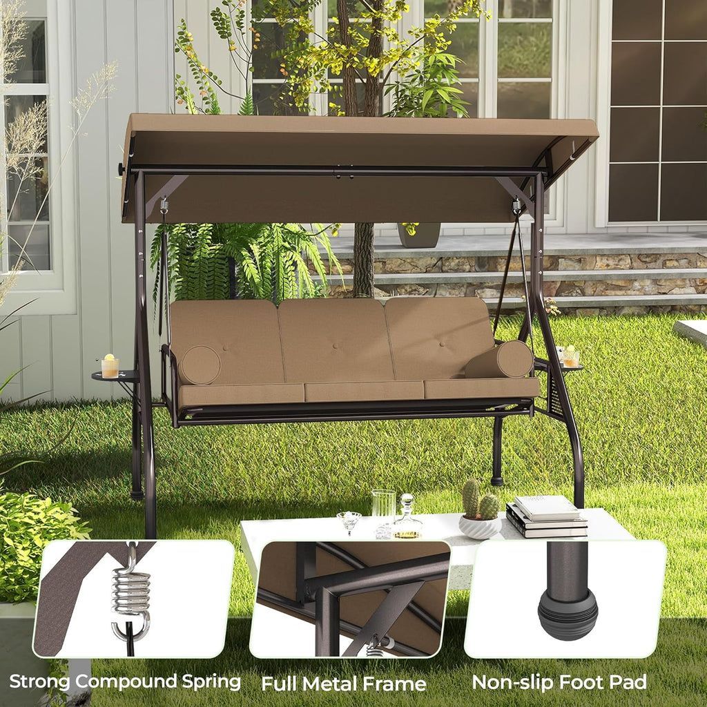 Outdoor 3 in 1 Porch Swing Chair, 3 Seat Patio Swing Glider with Adjustable Canopy, Heavy Duty Swings with Thickened