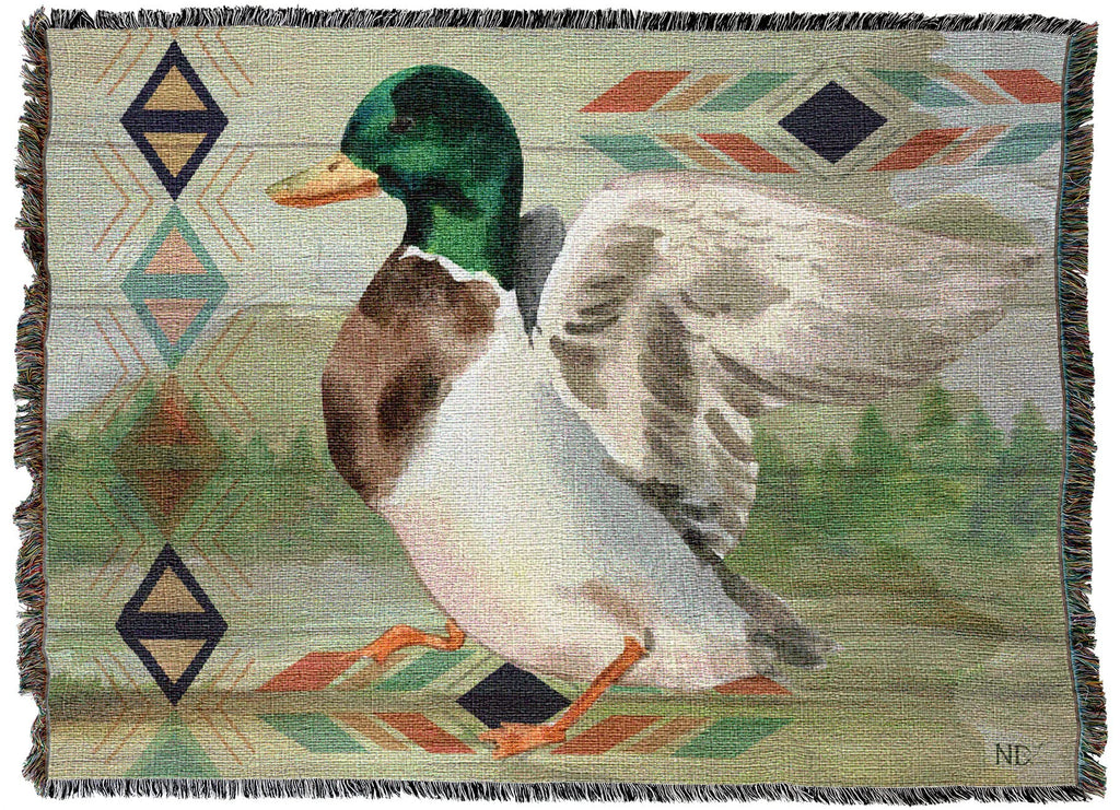 Animals Lodge Mallard Duck Blanket by Nicole DeCamp - Wildlife Lodge Cabin Gift Tapestry Throw Woven from Cotton