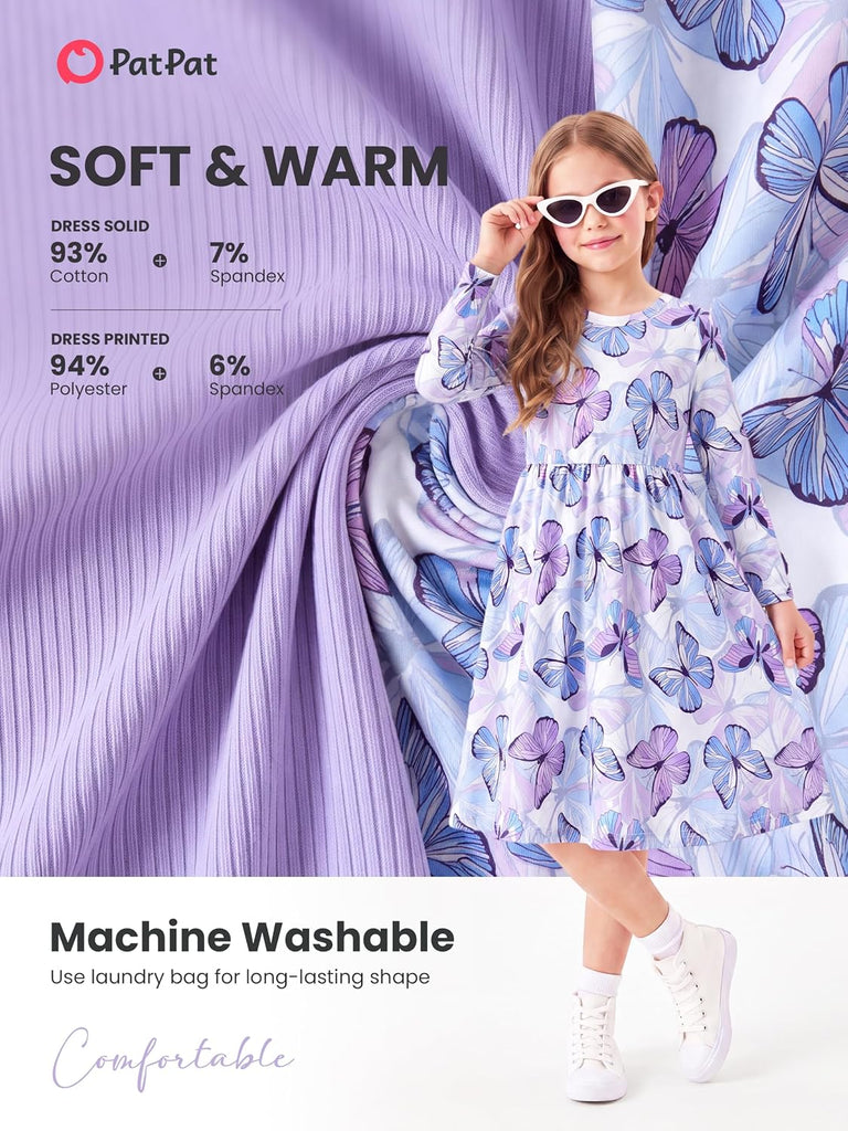 Girls Long Sleeve Ribbed Cotton & Woven Printed Dresses Pack