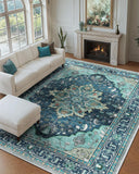 Area Rugs Washable Non-Slip, Floral Vintage Distress Print Pattern Medallion Carpet for Living Room Bedroom