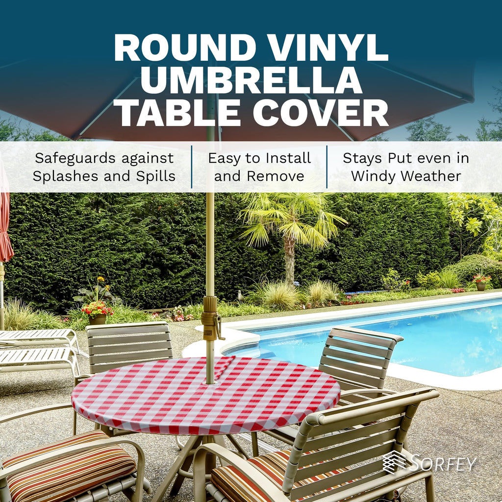 Vinyl Umbrella Round Fitted Tablecloth Cover, Checkered Design, Flannel Backed Lining 60 Inch, Green