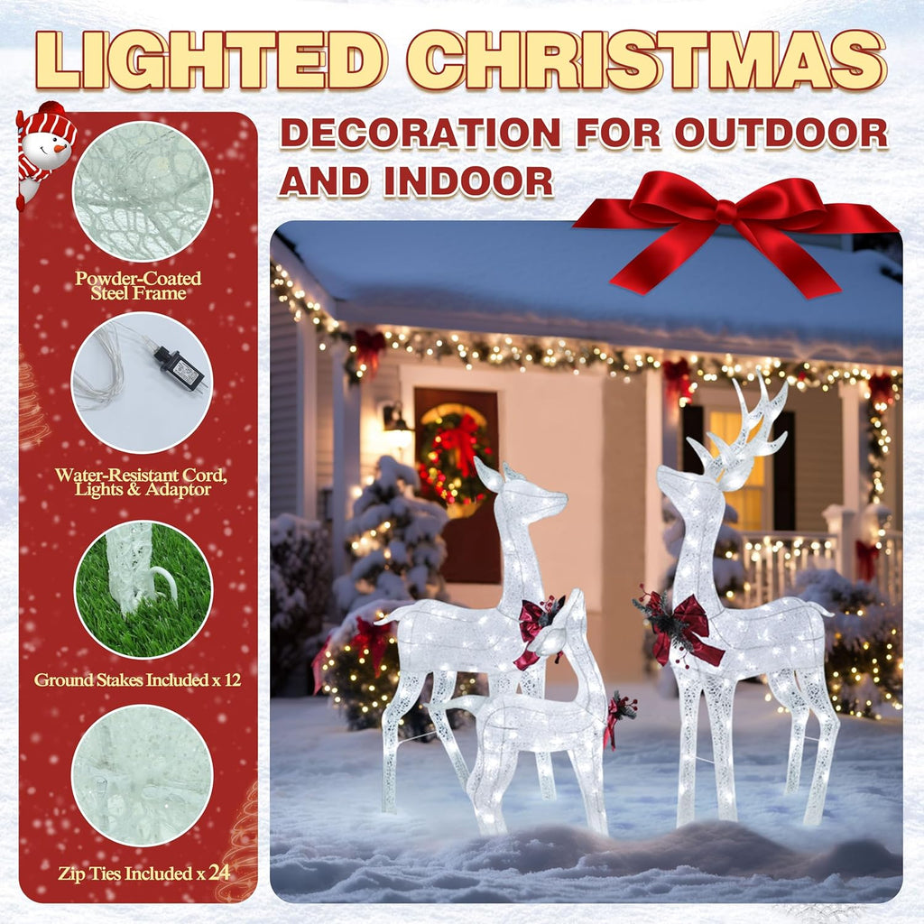 4.5FT Lighted Reindeer Family Set for Christmas Decoration, 3-Piece Pre-Lit Iridescent Deer Xmas Decor with 200 LED