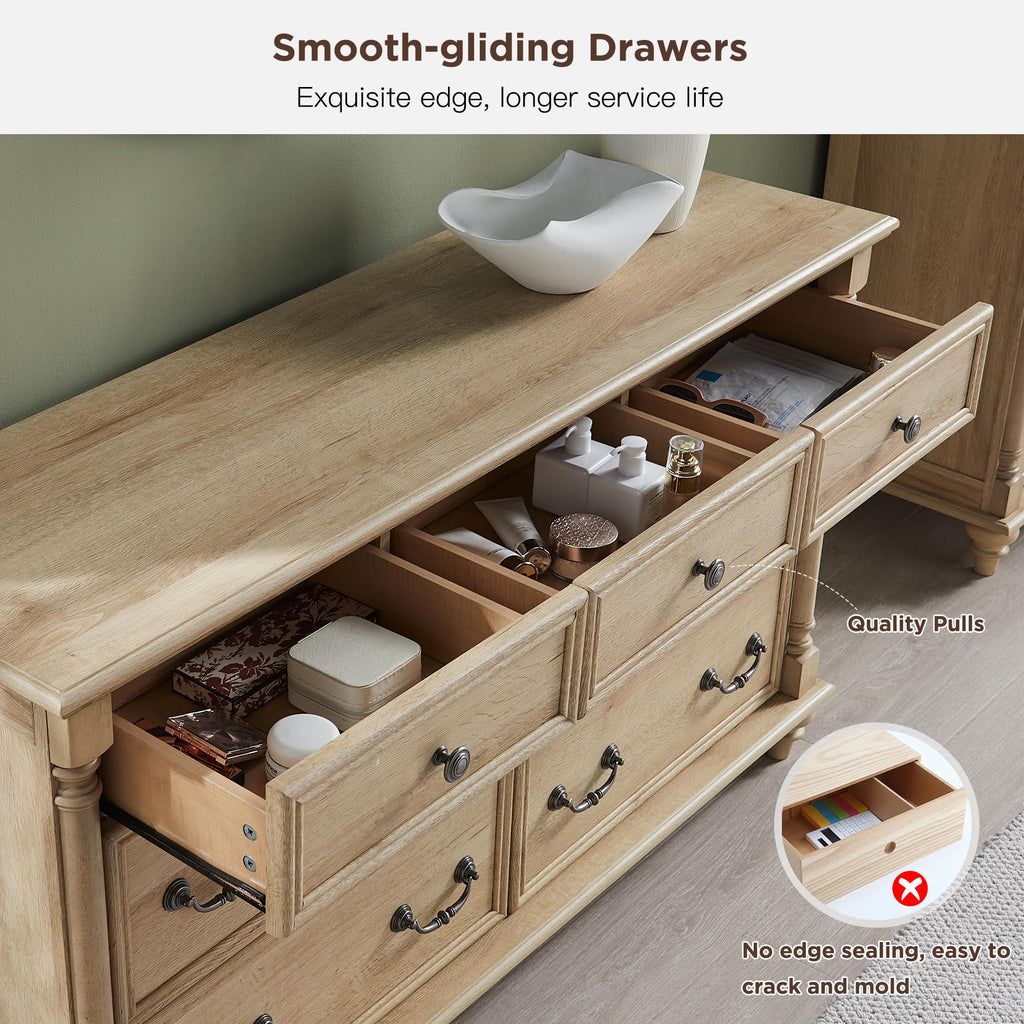 Farmhouse 7-Drawer Dresser with Solid Wood Feet, Natural Oak