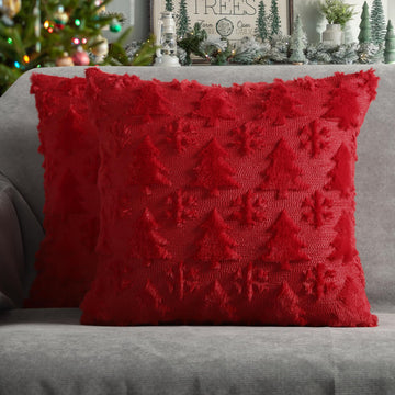 Christmas Snowflake Tree Decorative Pillow Covers 18x18 Set of 2, Red Soft Plush Faux Fur Farmhouse Throw Cushion