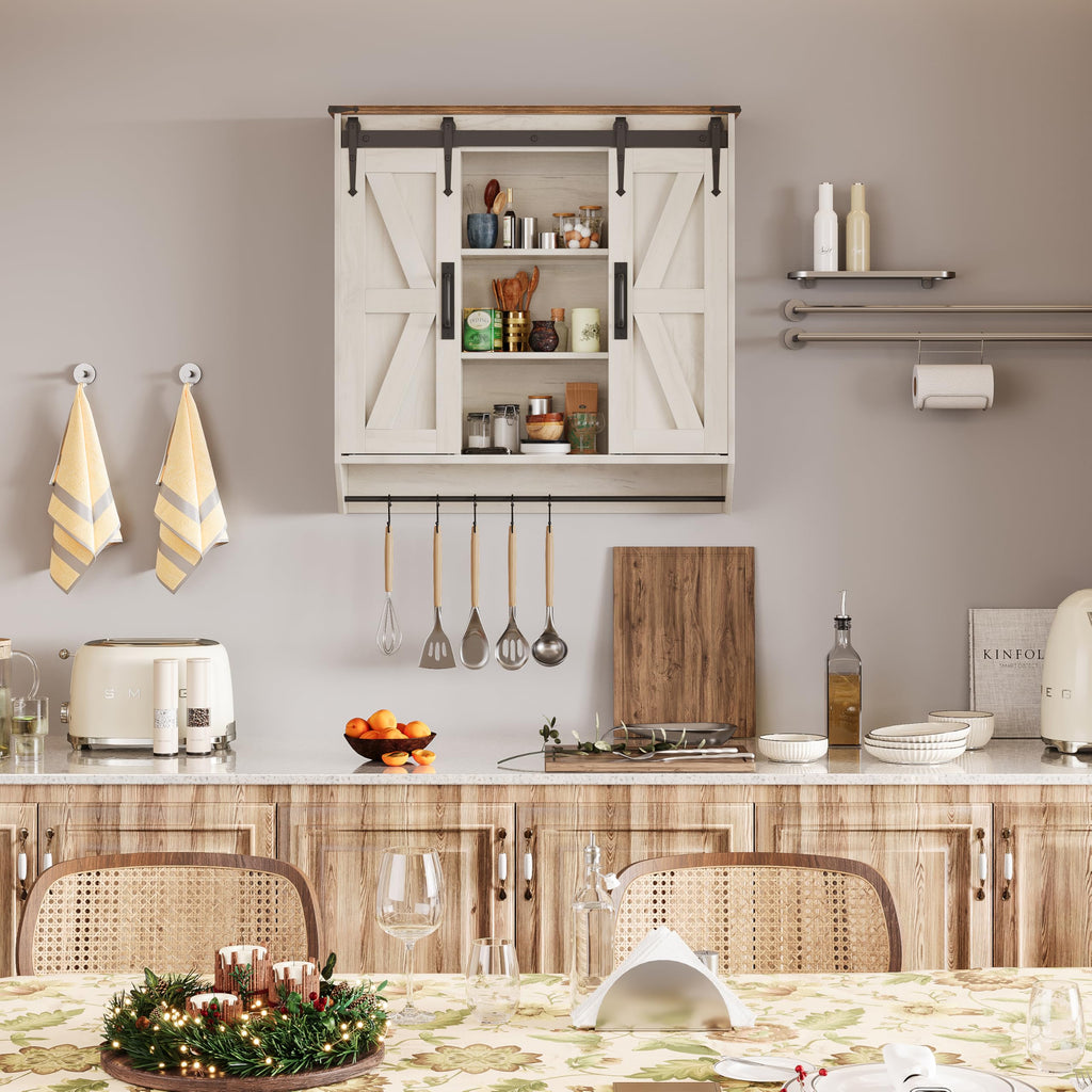 Farmhouse Medicine Cabinet 2 Sliding Barn Doors 3 Tier Rustic Wood Wall Storage Cabinet Adjustable Shelf Towel Bar