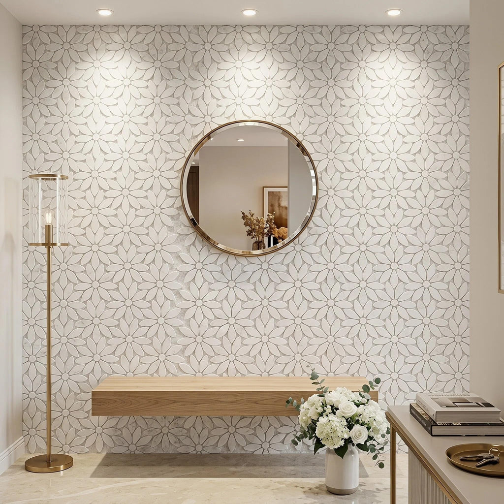 Daisy Flower Marble Mosaic Tile 10.4×12", White Shower Tile, Mesh Backing
