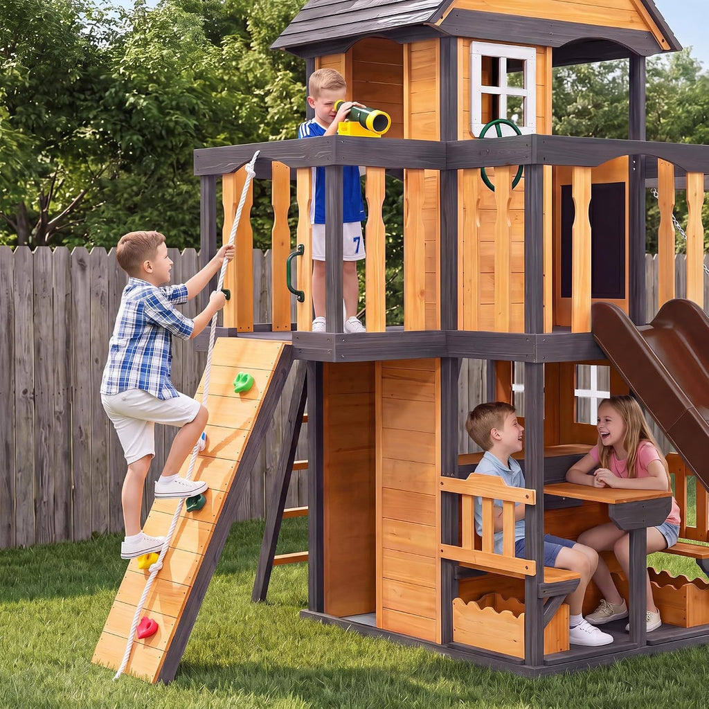 Wooden Swing Sets Playground with Slide Outdoor Playset All-in-One, Natural | Premium Solid Pine Wood, Lets 10