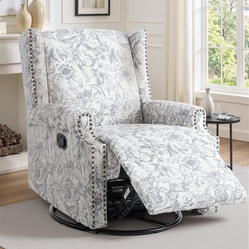 Swivel Rocker Recliner Chair, Rococo Wingback Armchair, Light Gray
