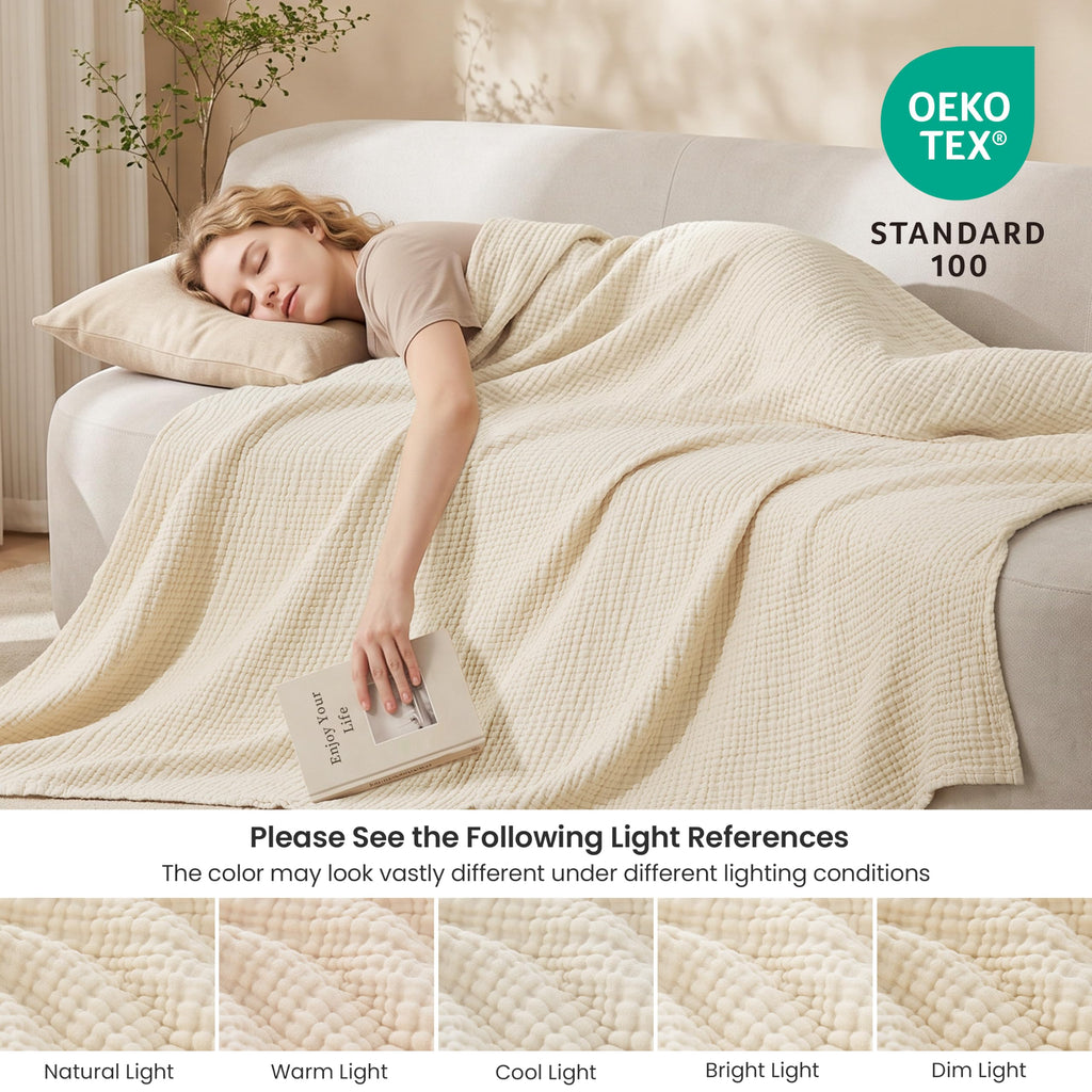 100% Cotton Muslin Blanket King Size for Bed, Beige