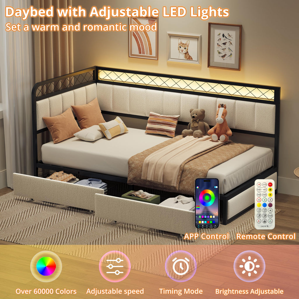 Twin Daybed with 2 Storage Drawers, Corner Bed Frame with LED and Charging Station, Metal Platform Daybed Frame and