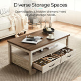 Farmhouse Coffee Table with Storage, Wood Coffee Table, Open Display Area and Storage Drawers with Metal Handles