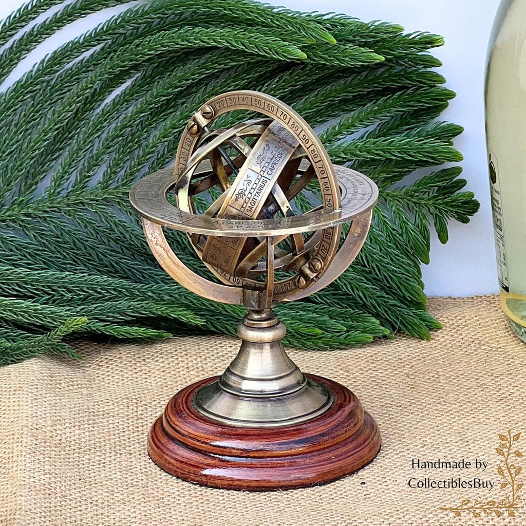 Handmade Brass Armillary Sphere Globe Clock Spherical Astrolabe Vintage Compass Handmade Nautical Decor Desk & Home