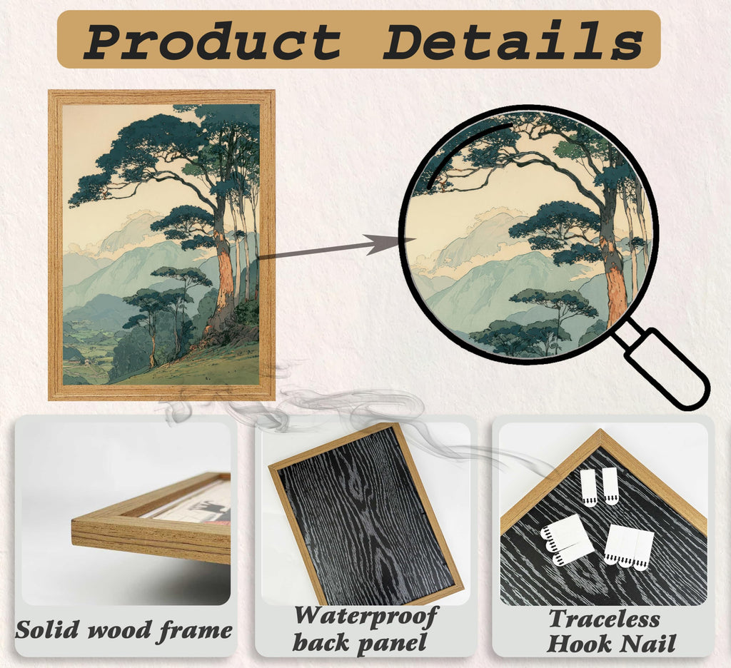 Framed Japanese Style Mountain Landscape Canvas Wall Art, Vintage Tree Scenery Print, Retro Woodblock Inspired Nature