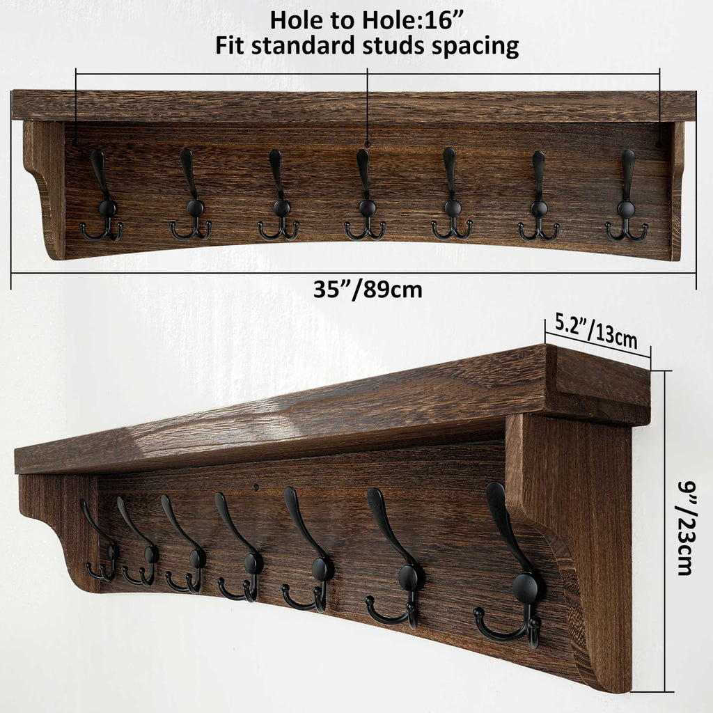 Rustic Coat Rack Wall Mount with Shelf, 35" Long Wall Shelf with Hooks Underneath, 7 Triple Hooks for Hanging