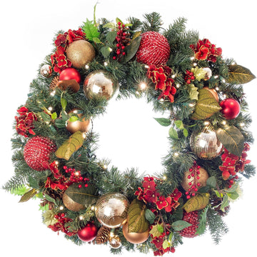 30 Inch Pre-Lit Artificial Christmas Wreath, Scarlet Hydrangea