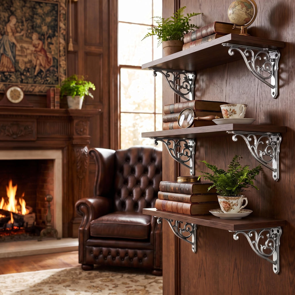 Ornate Decorative Shelf Brackets 10 inch Small Wall Mounted Shelving Bracket 4 Pack Brushed Nickel Vintage Shelf