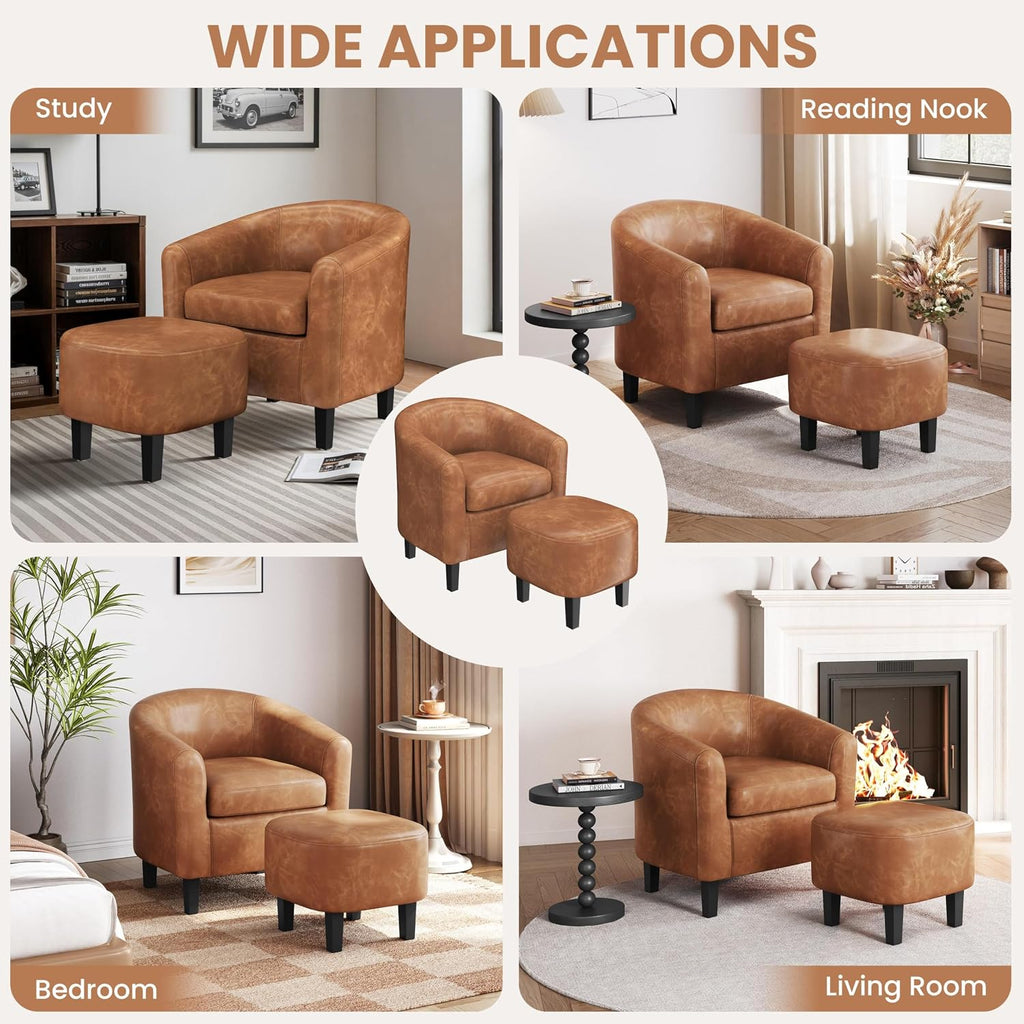 Faux Leather Barrel Accent Chair with Ottoman, Brown