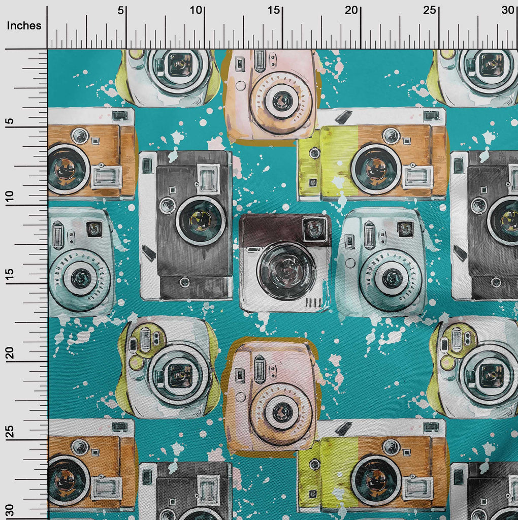 Cotton Cambric Teal Green Fabric Camera Pattern DIY Clothing Quilting Fabric Print Fabric By Yard 42 Inch Wide