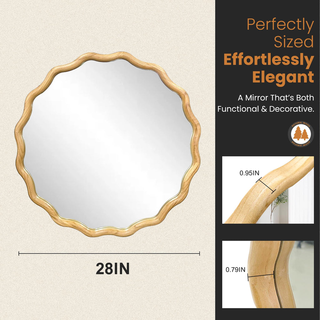 Round Wavy Wood Bathroom Vanity Mirror, 28" Boho Decorative Wall Mirror
