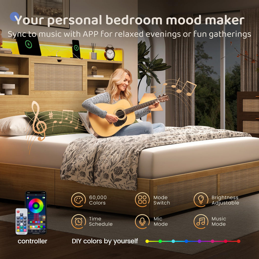 King Size Rattan Bed Frame with 4 Storage Drawers and 51.3" Tall Hidden Storage Headboard Wooden Platform Bed Frame