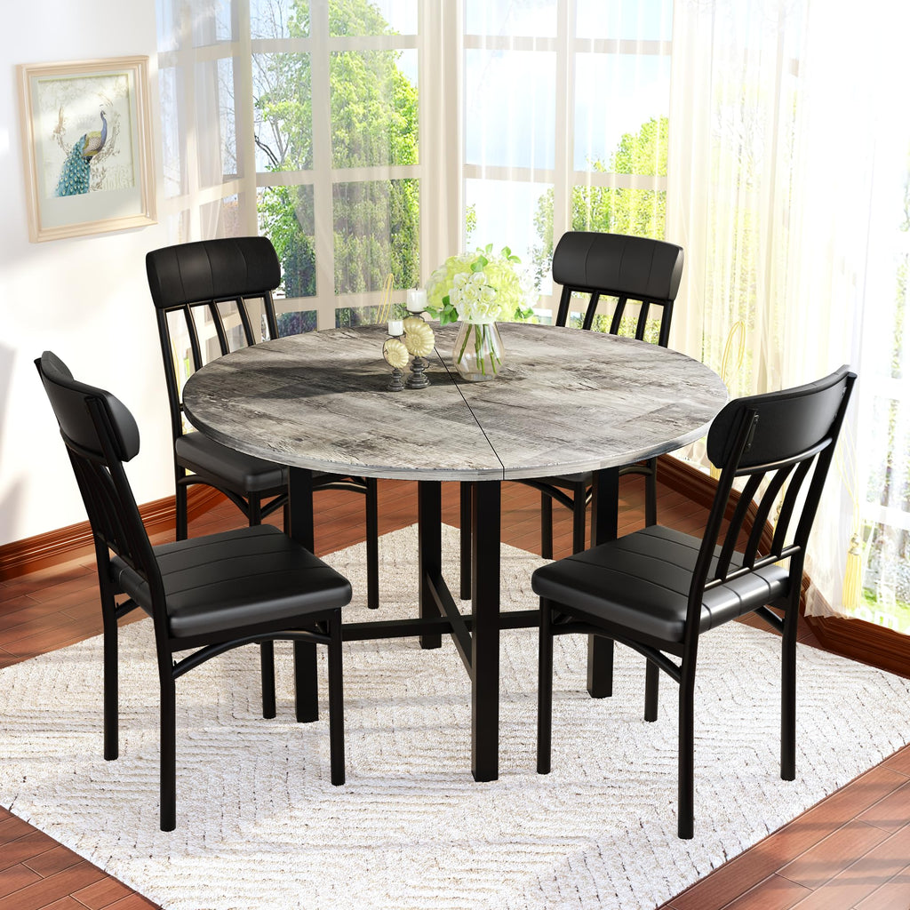 Round Dining Table Set for 4, Wood Table, with 4 Leather Chair, Grey