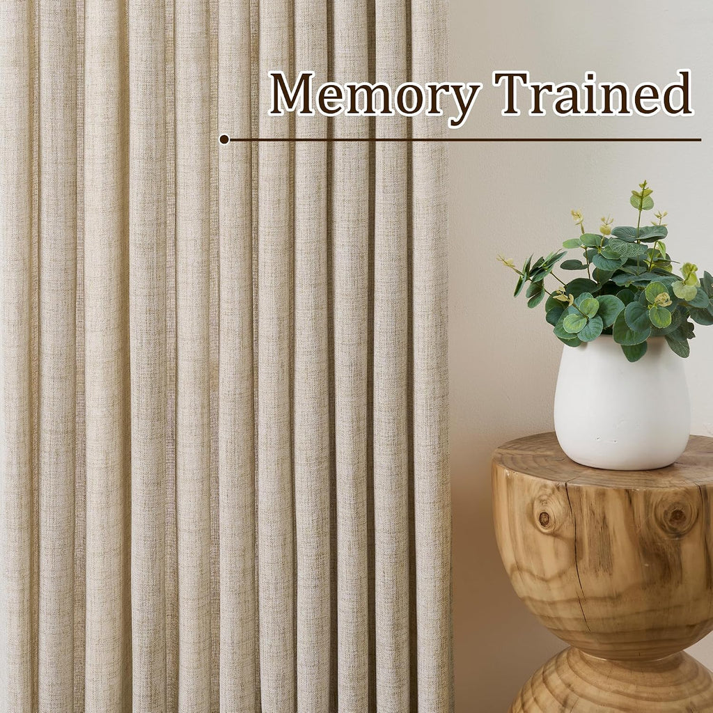 Beige Sheer Pinch Pleated Curtains 96 Inches Long 2 Panels,Back Tab Pleated Drapes Hooks Thick Linen Textured Boho