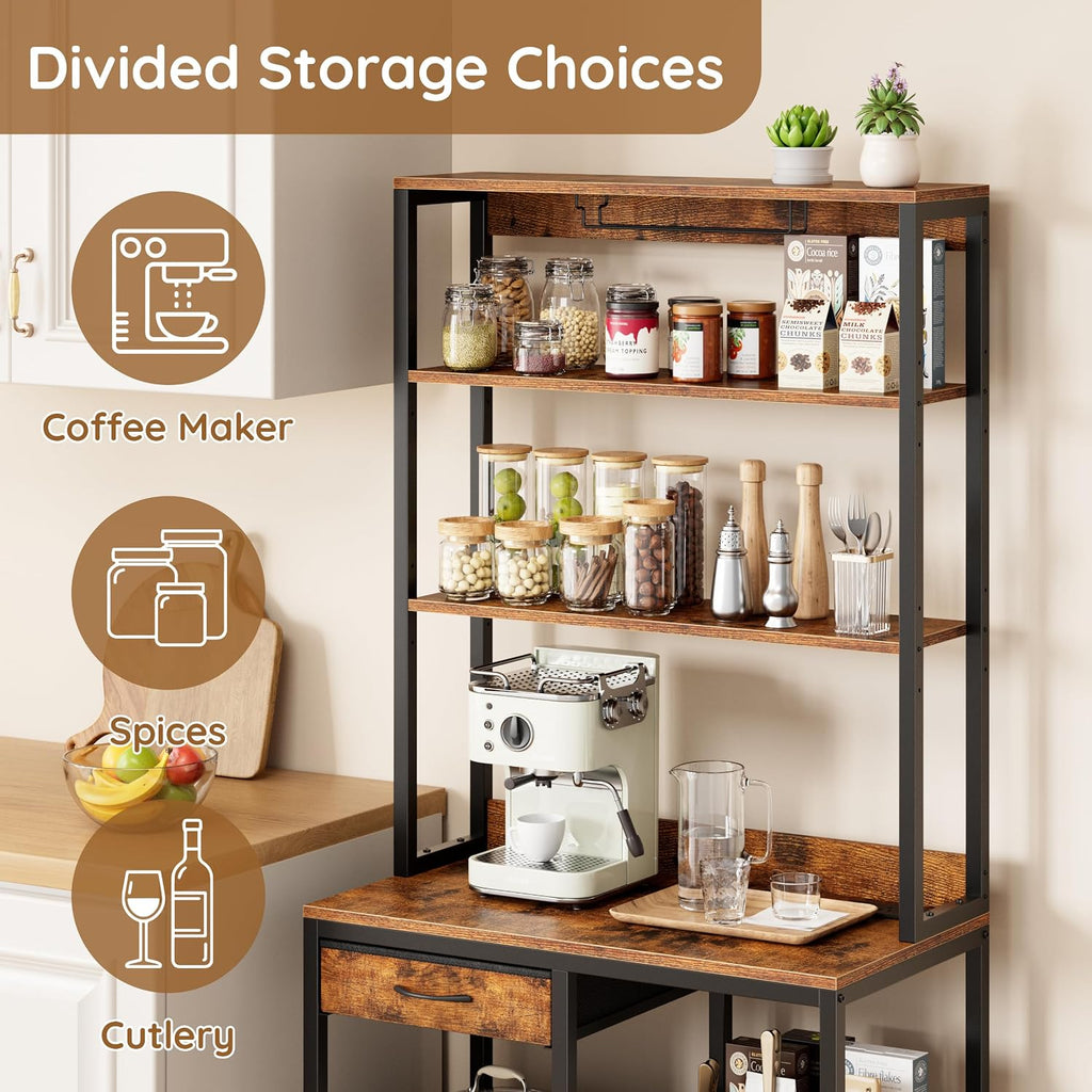67.7" Tall Bar Cabinet with Power Outlets | Coffee Bar Cabinet, Glass Holder, Liquor Cabinets with LED Lights, Mini