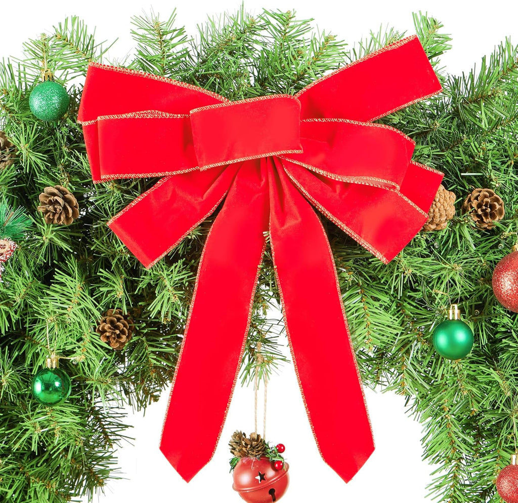 30in Large Artificial Christmas Wreath, Pre-lit Holiday Accent Decoration with Red Bow, 110 LED Lights & 300 PVC