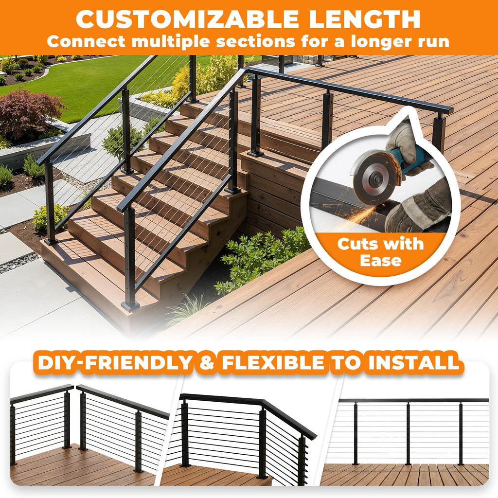 6'6" Stainless Steel Black Handrail for Cable Railing System Deck Railing