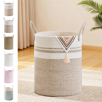 53L Tall Cotton Rope Laundry Basket with Handles, White & Brown
